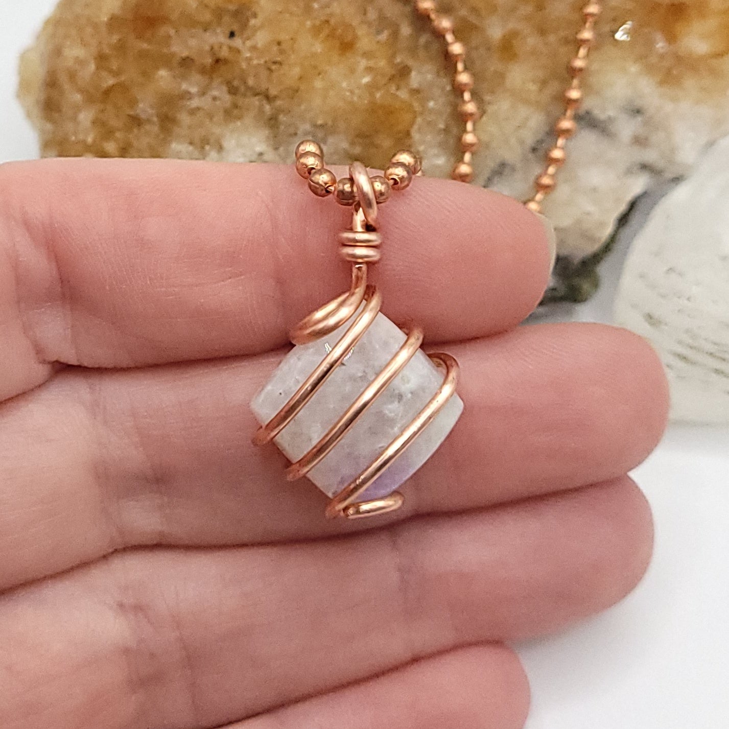 rainbow moonstone necklace in copper close up