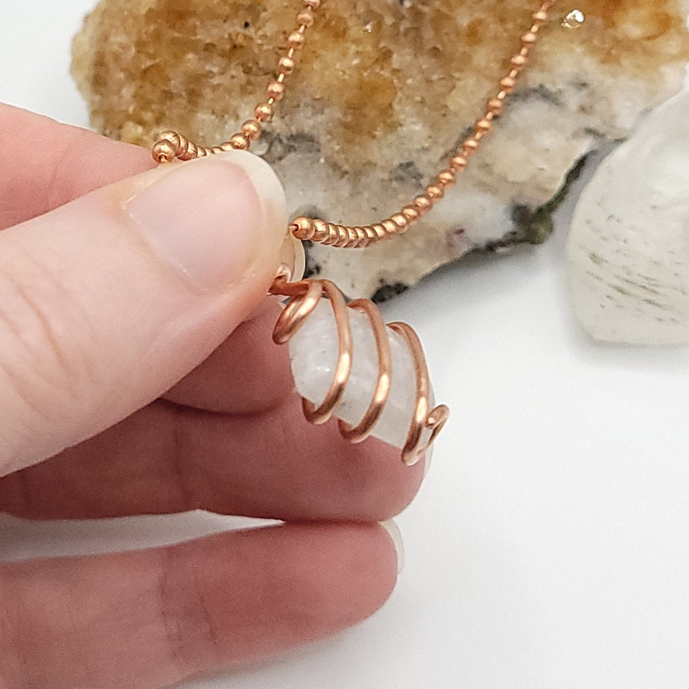 rainbow moonstone necklace in copper side view