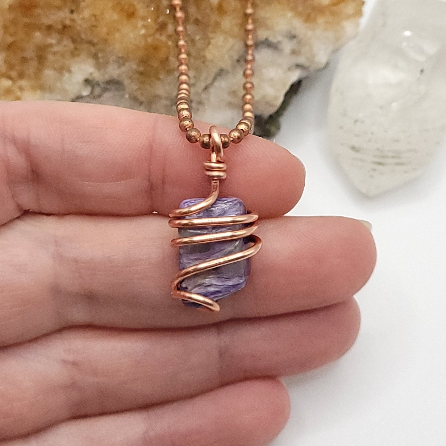 Charoite Crystal Necklace in Copper Wire