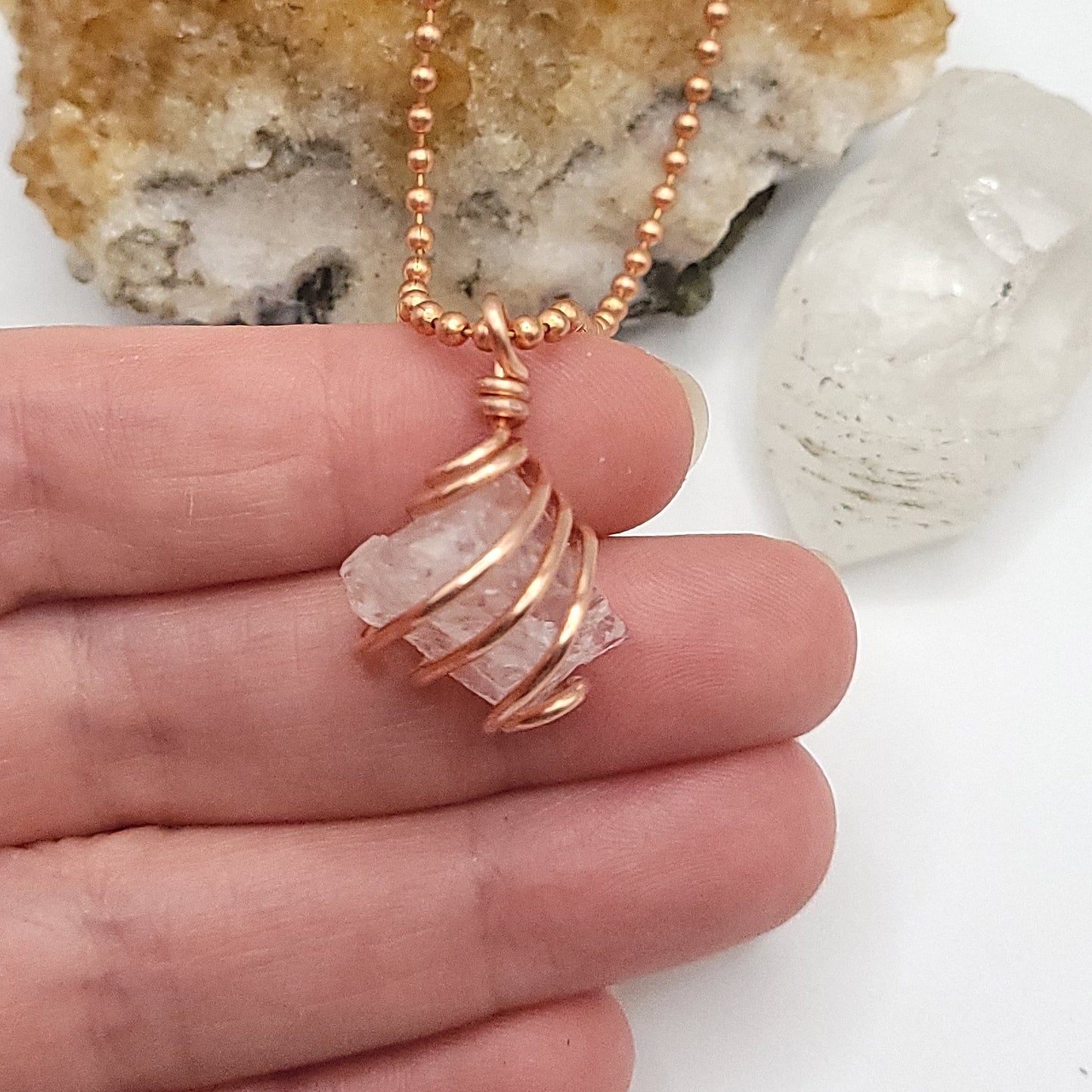 Raw Rose Quartz Crystal Necklace in Copper