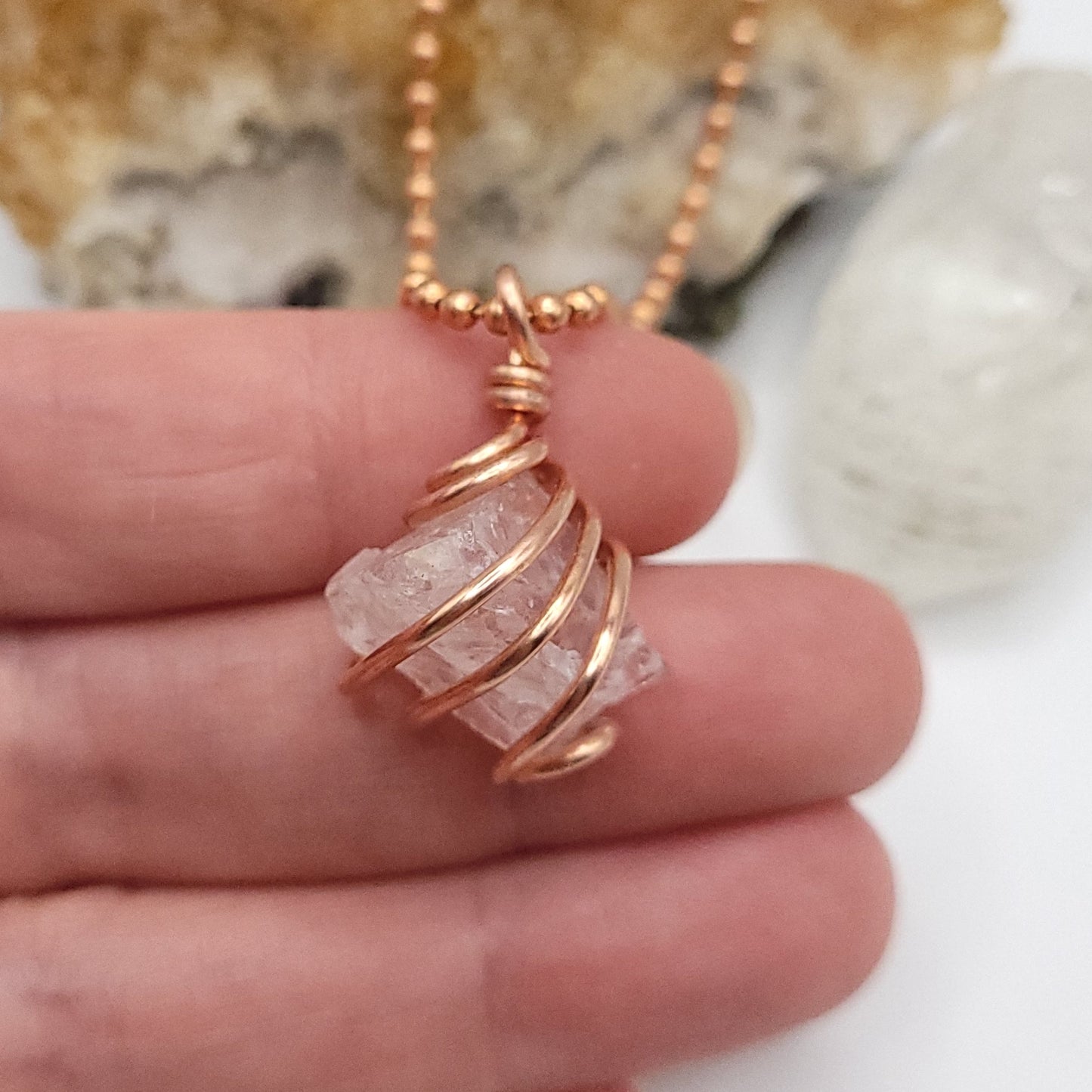 Raw Rose Quartz Crystal Necklace in Copper