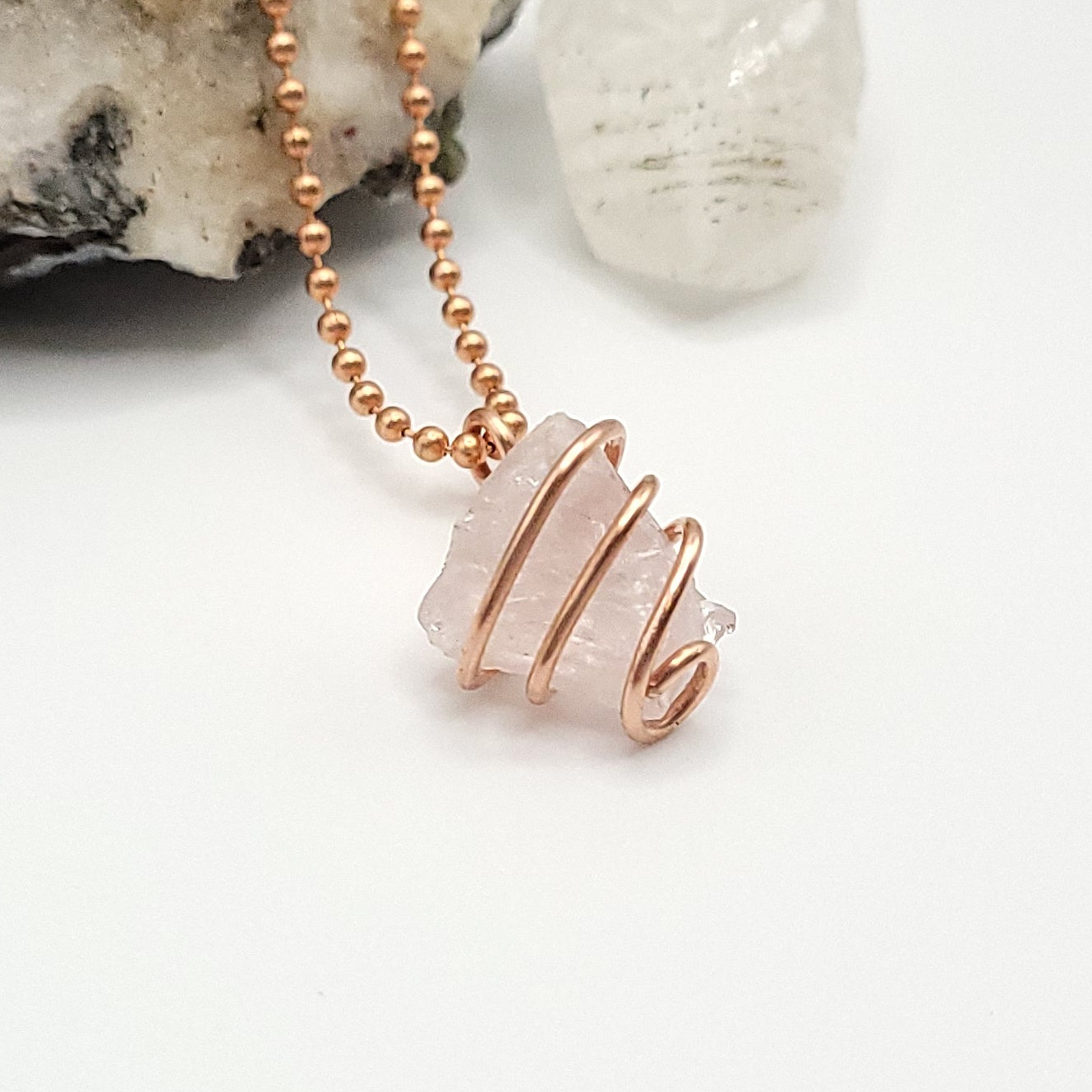 Raw Rose Quartz Crystal Necklace in Copper
