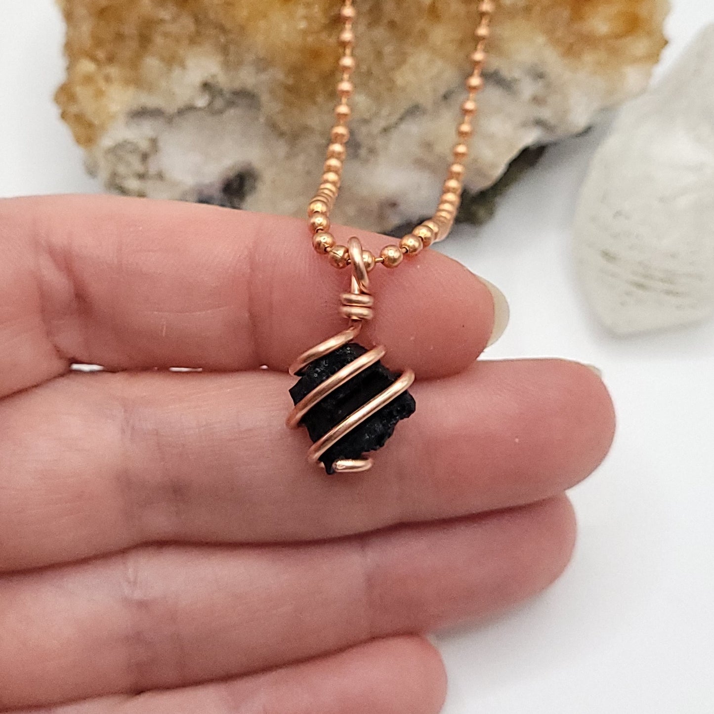 Raw Black Tourmaline Crystal Necklace in Copper