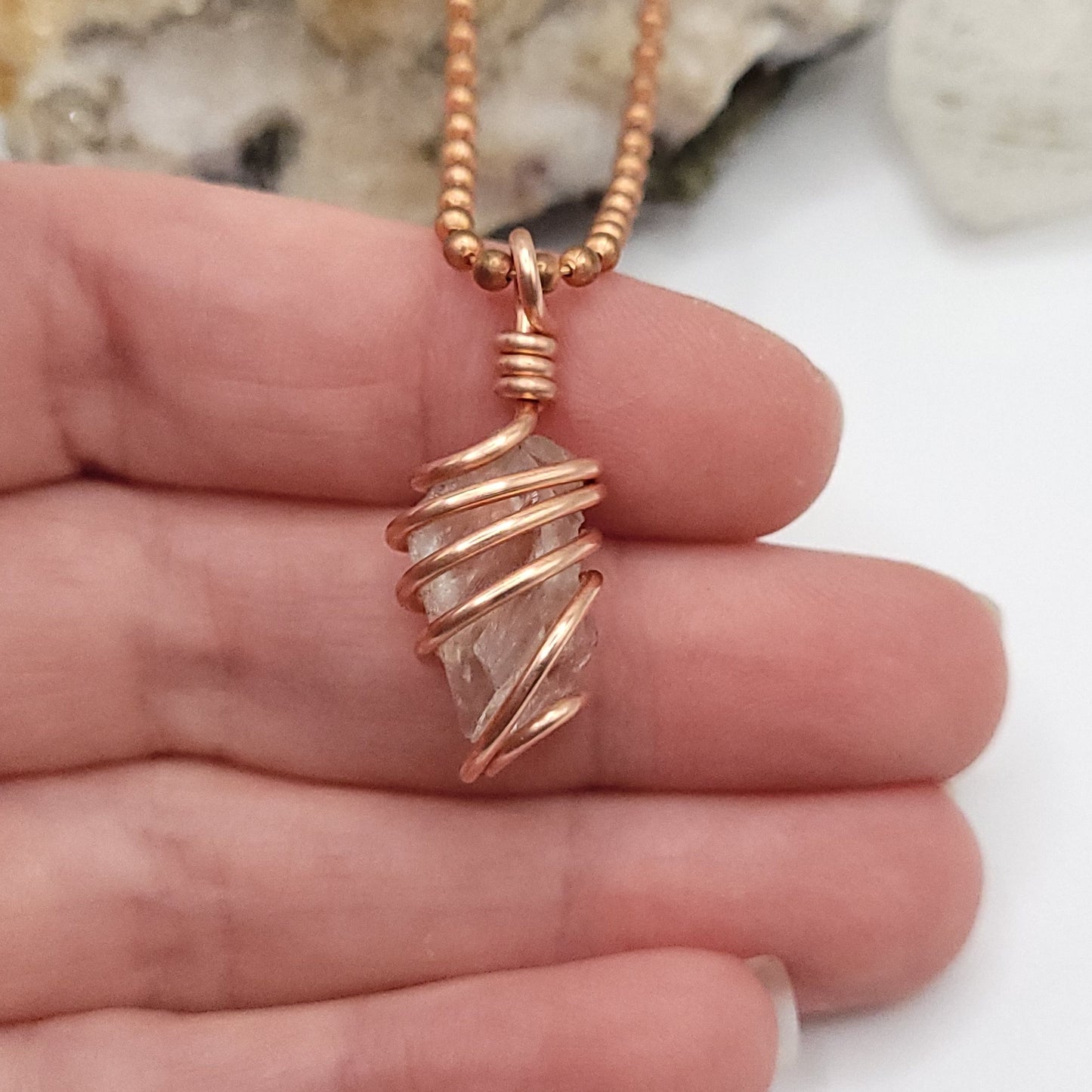 Raw Prasiolite Crystal Necklace in Copper Wire