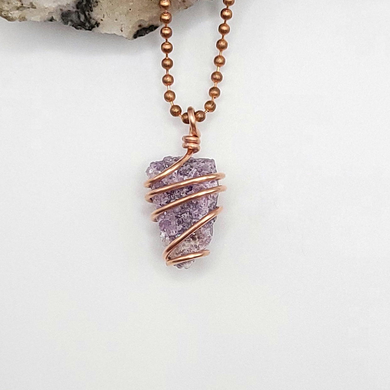 Raw Lepidolite Crystal Necklace in Copper Wire