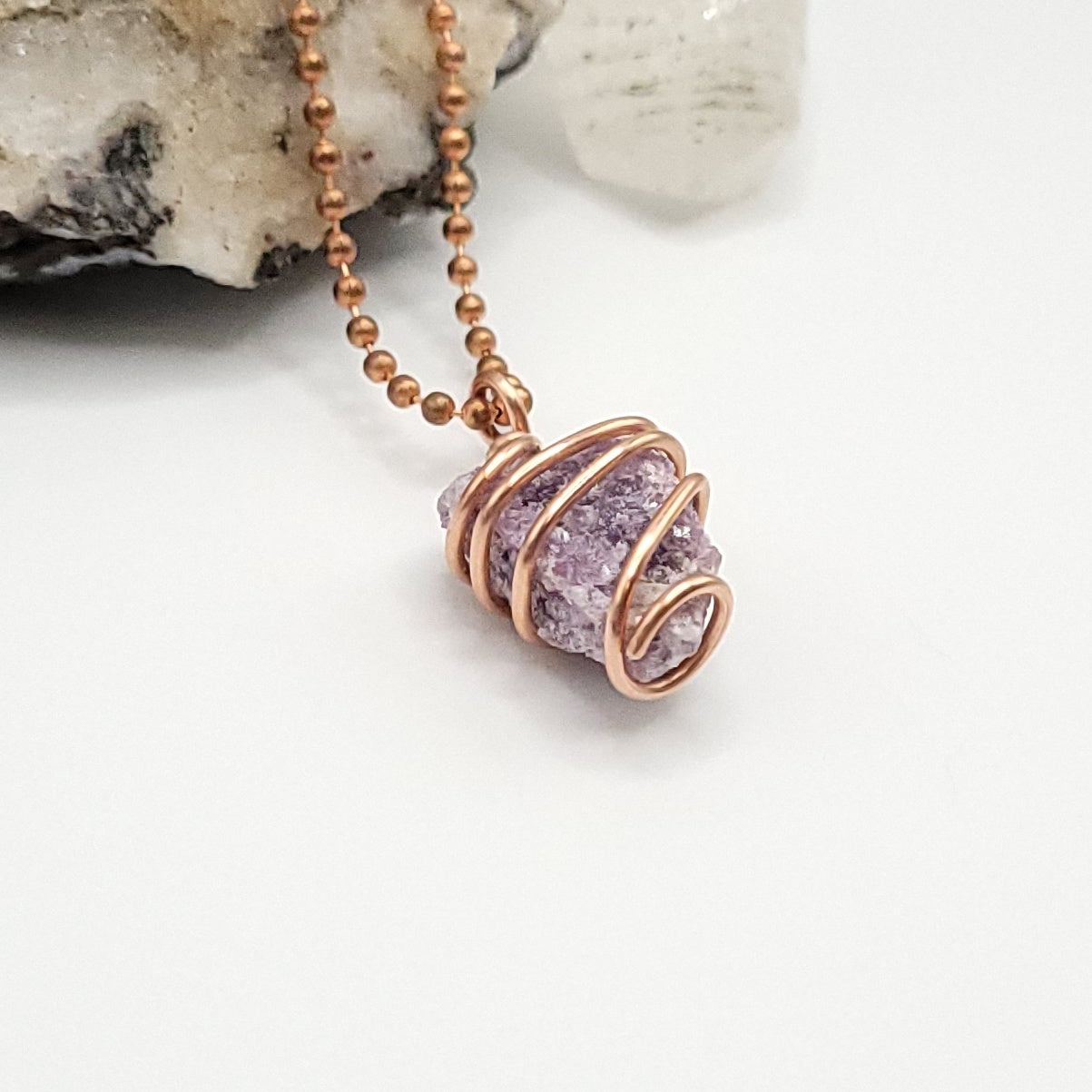 Raw Lepidolite Crystal Necklace in Copper Wire