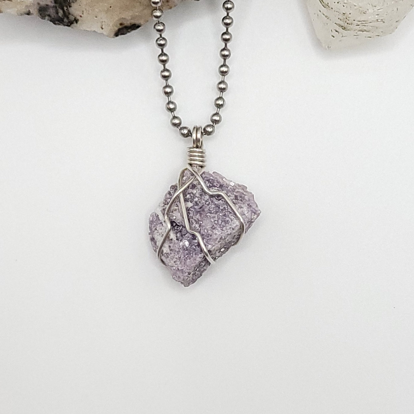 Raw Lepidolite Crystal Necklace in Silver Wire