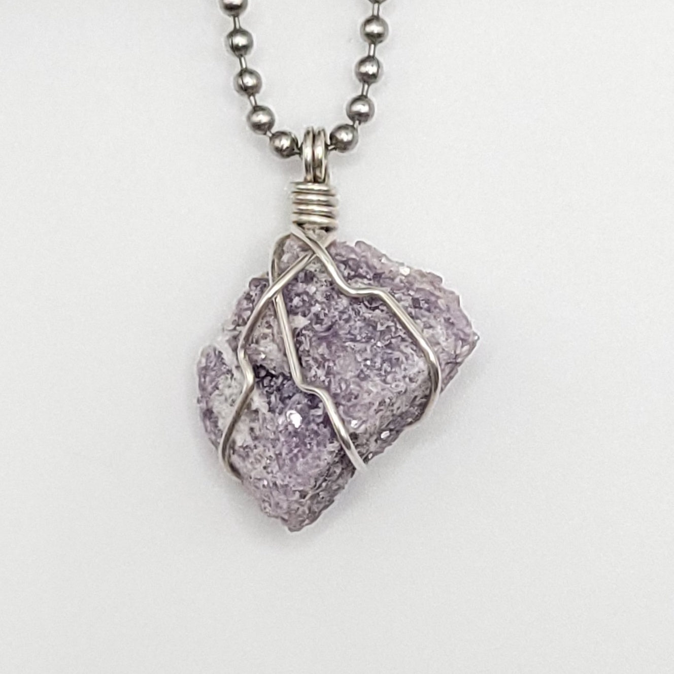 Raw Lepidolite Crystal Necklace in Silver Wire