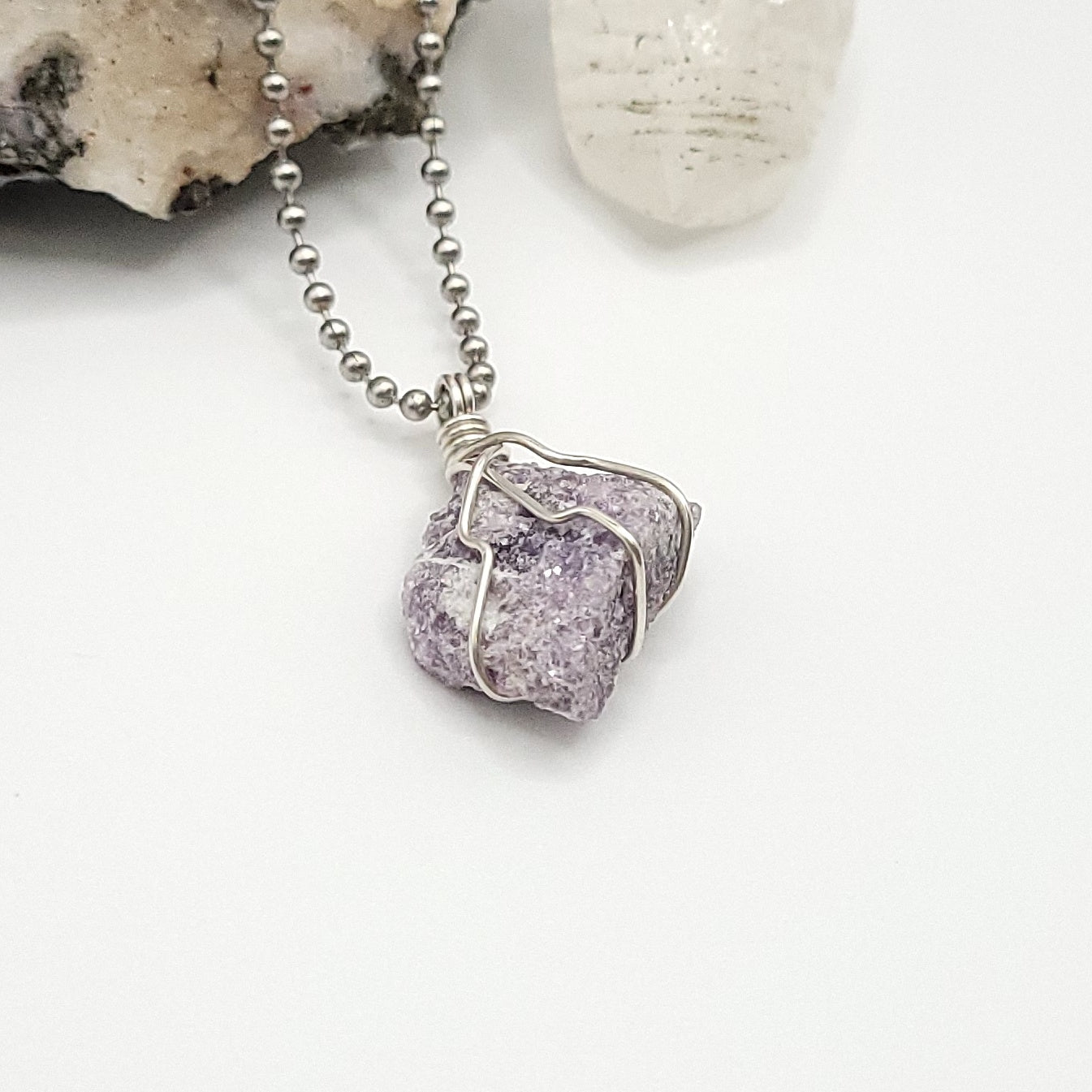 Raw Lepidolite Crystal Necklace in Silver Wire