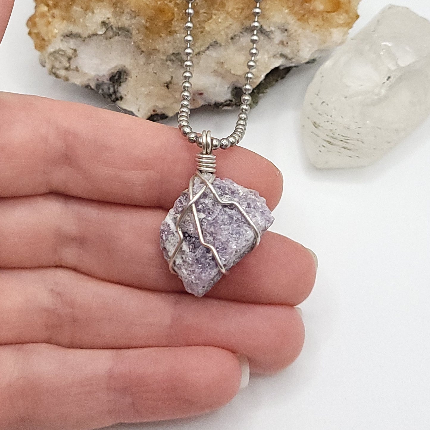 Raw Lepidolite Crystal Necklace in Silver Wire