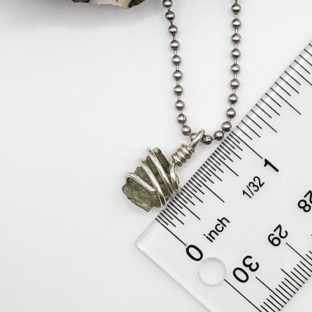 Raw Moldavite Crystal Necklace in Silver, measurements
