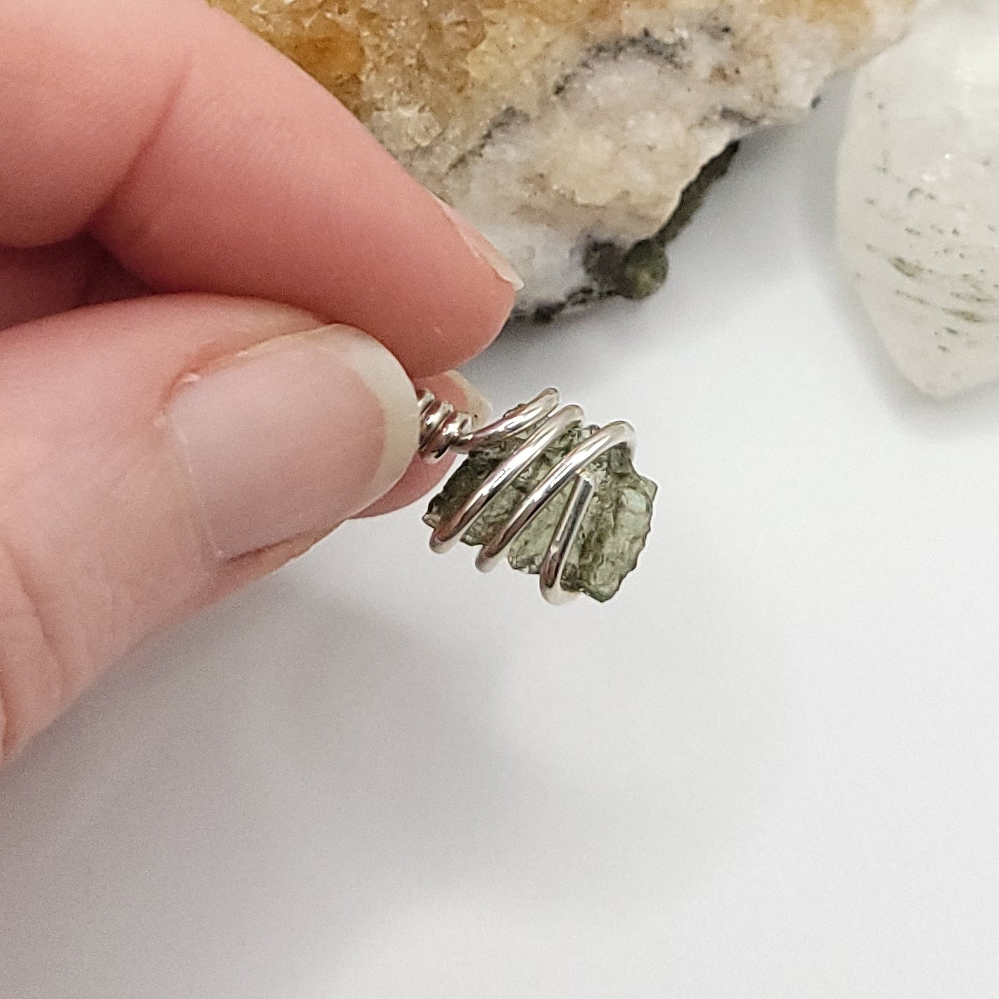 Raw Moldavite Crystal Necklace in Silver, light view