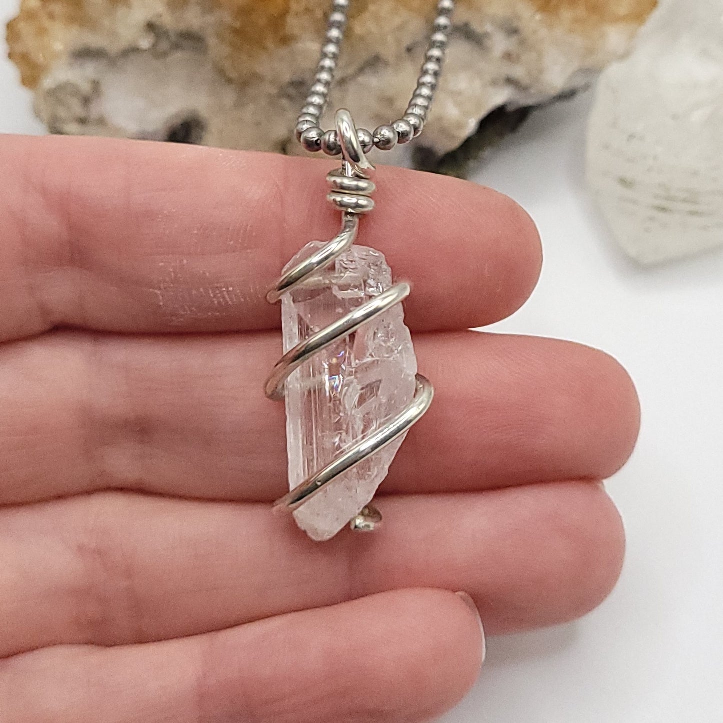 Raw Danburite Crystal Necklace in Silver
