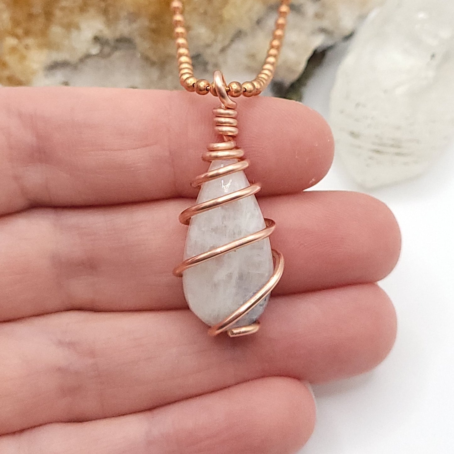 Rainbow Moonstone Crystal Necklace in Copper