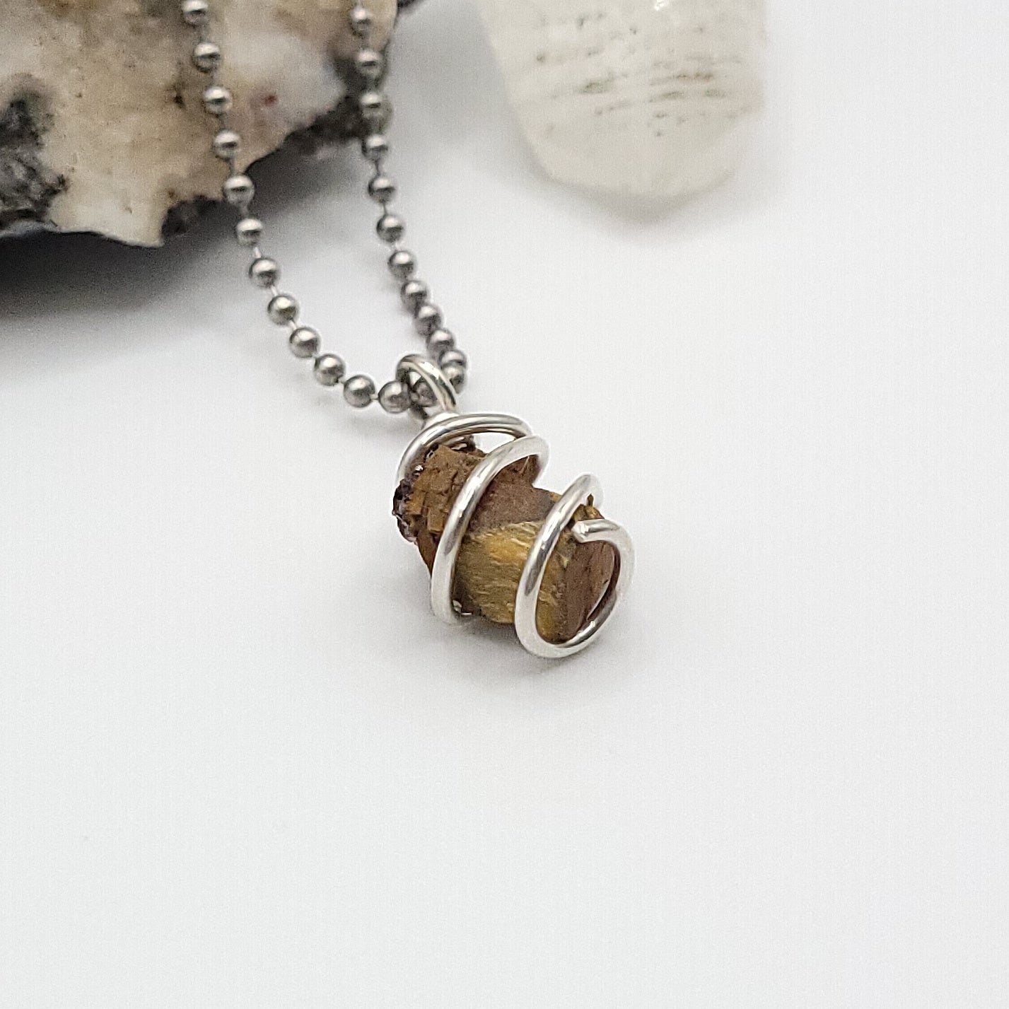 Raw Tiger's Eye Crystal Necklace in Silver Wire