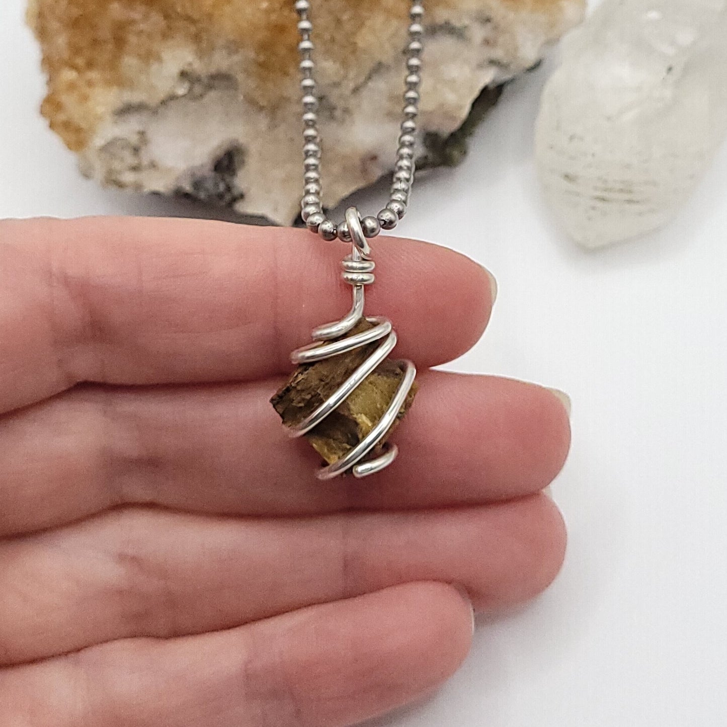 Raw Tiger's Eye Crystal Necklace in Silver Wire