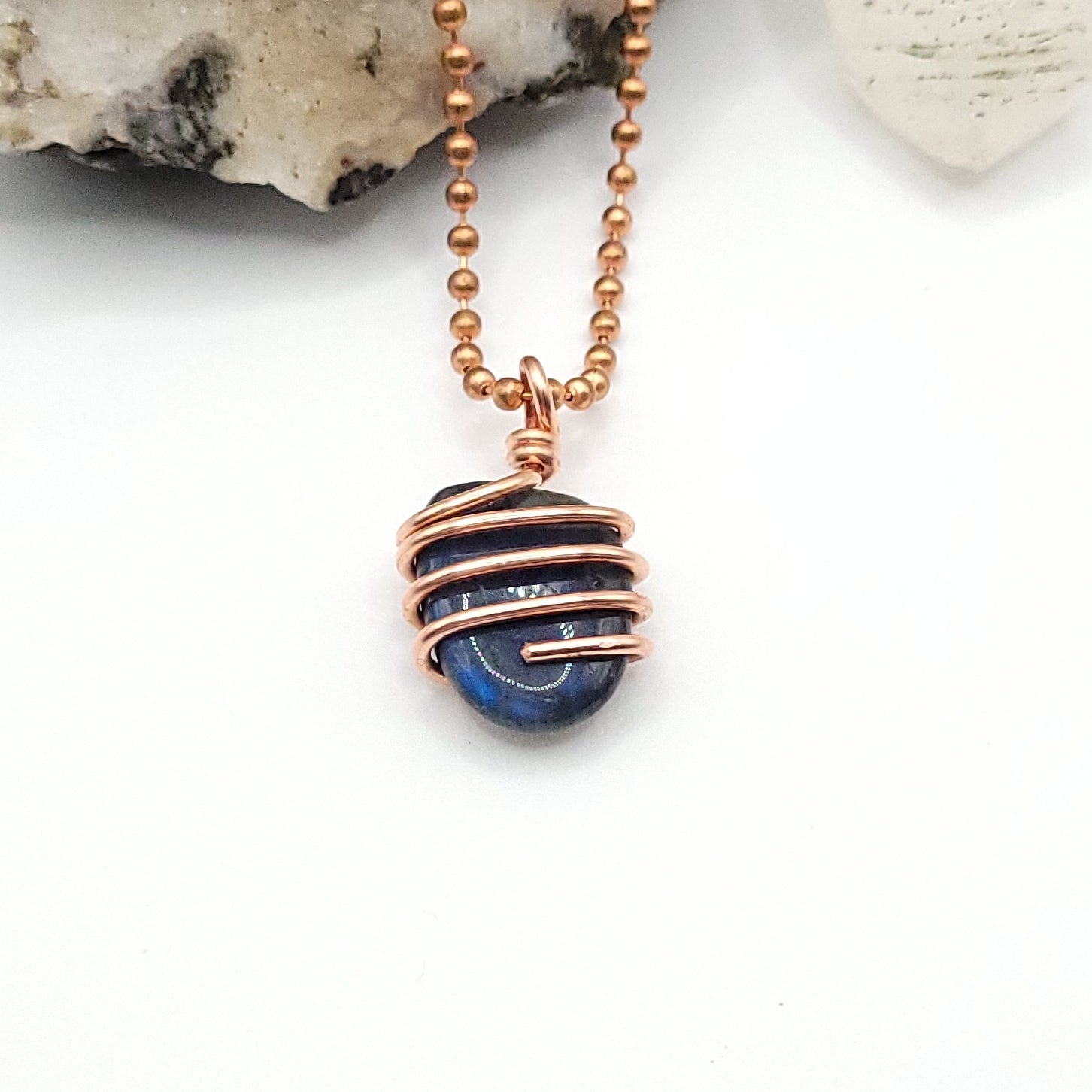 labradorite necklace in copper on white background