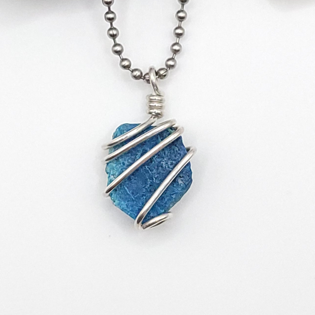Raw Shattuckite & Chrysocolla Crystal Necklace in Silver, close up