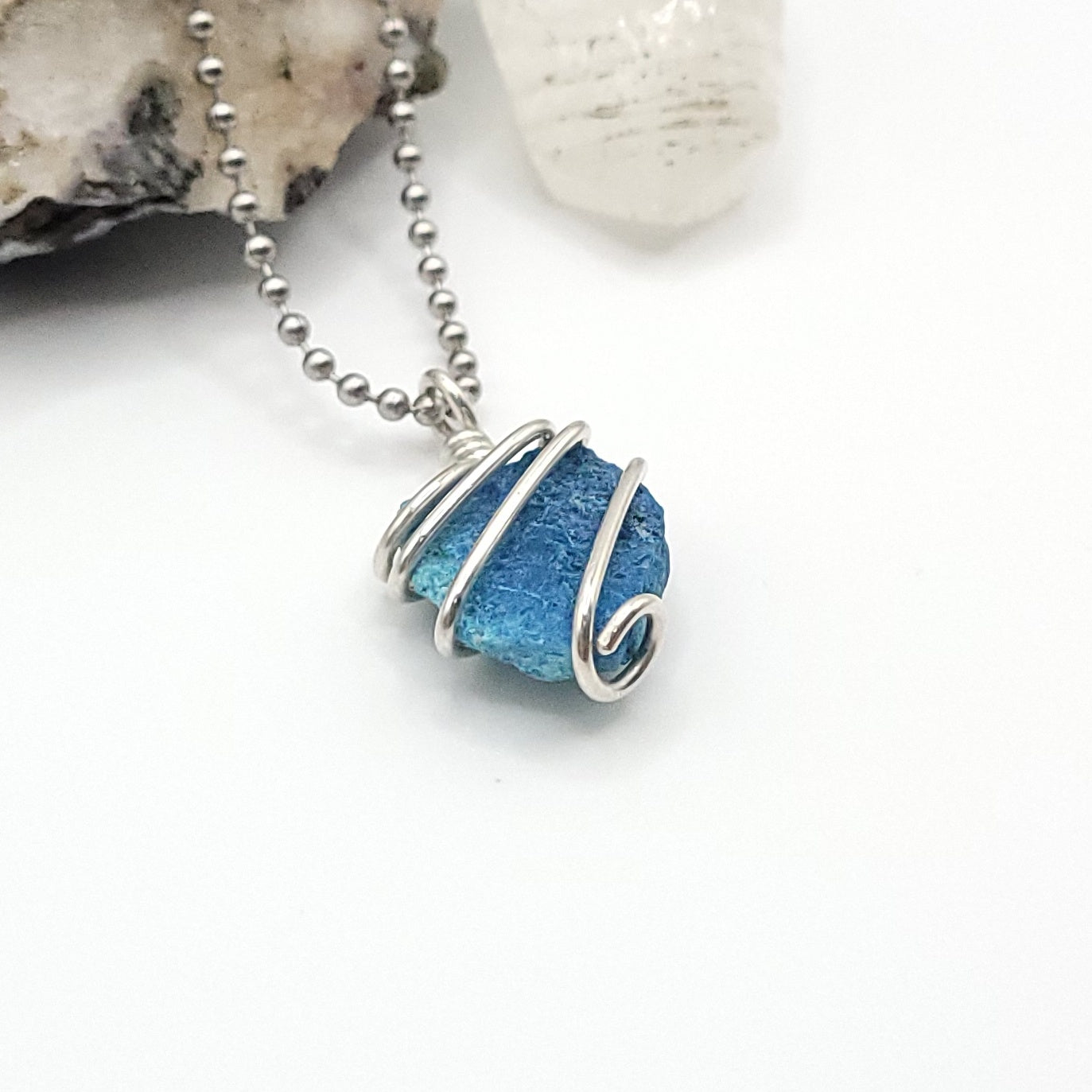 Raw Shattuckite & Chrysocolla Crystal Necklace in Silver, side view
