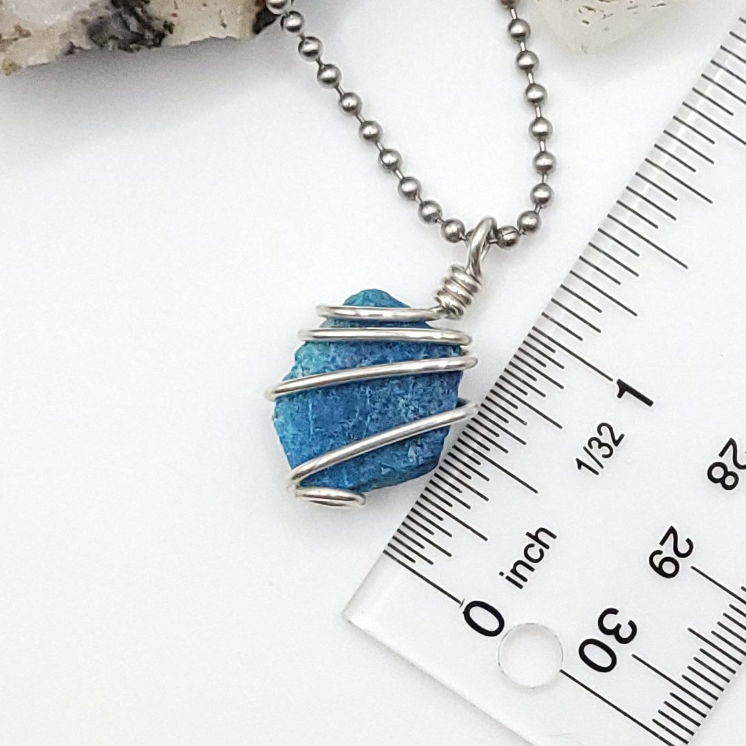 Raw Shattuckite & Chrysocolla Crystal Necklace in Silver, measurement