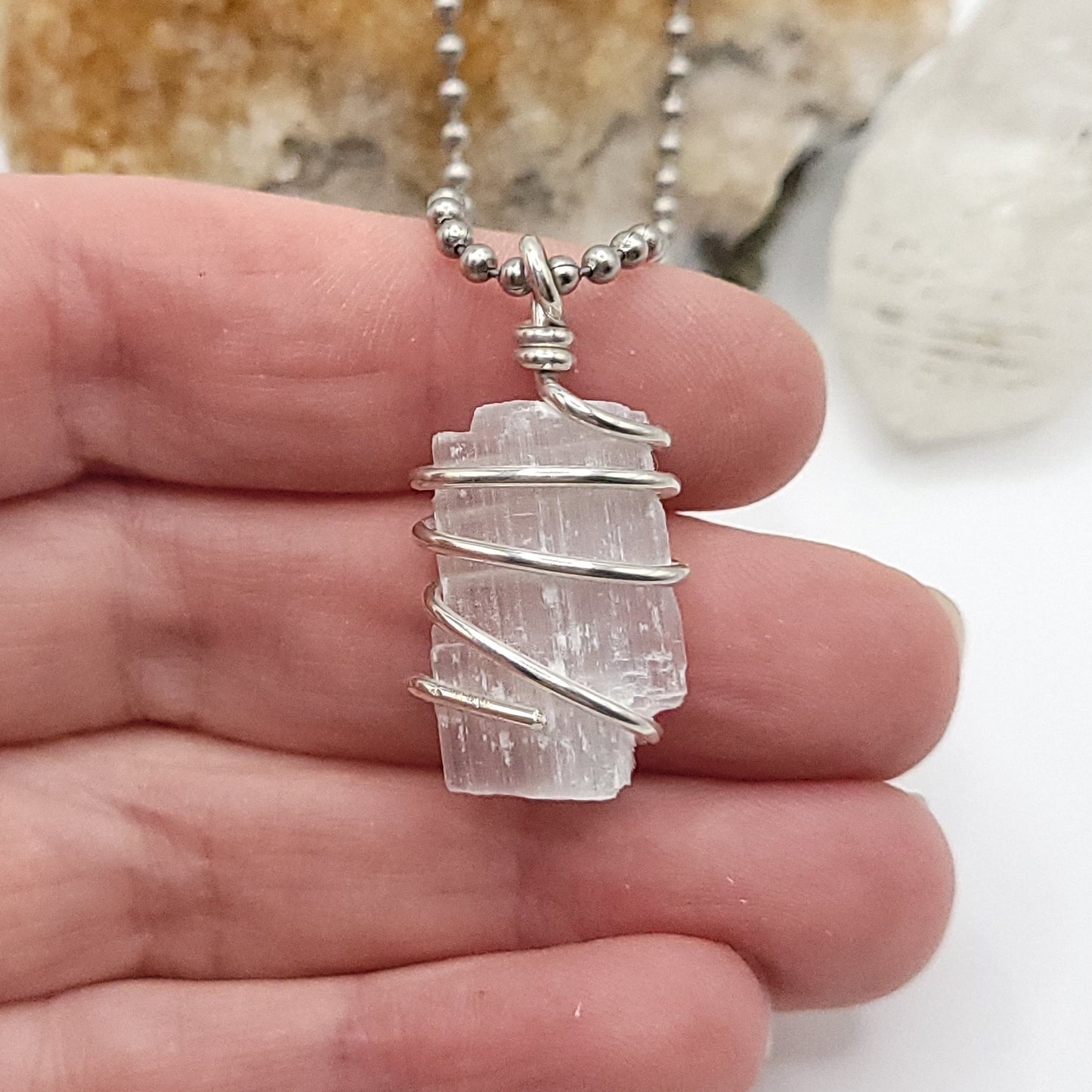 Raw Selenite Crystal Necklace in Silver Wire