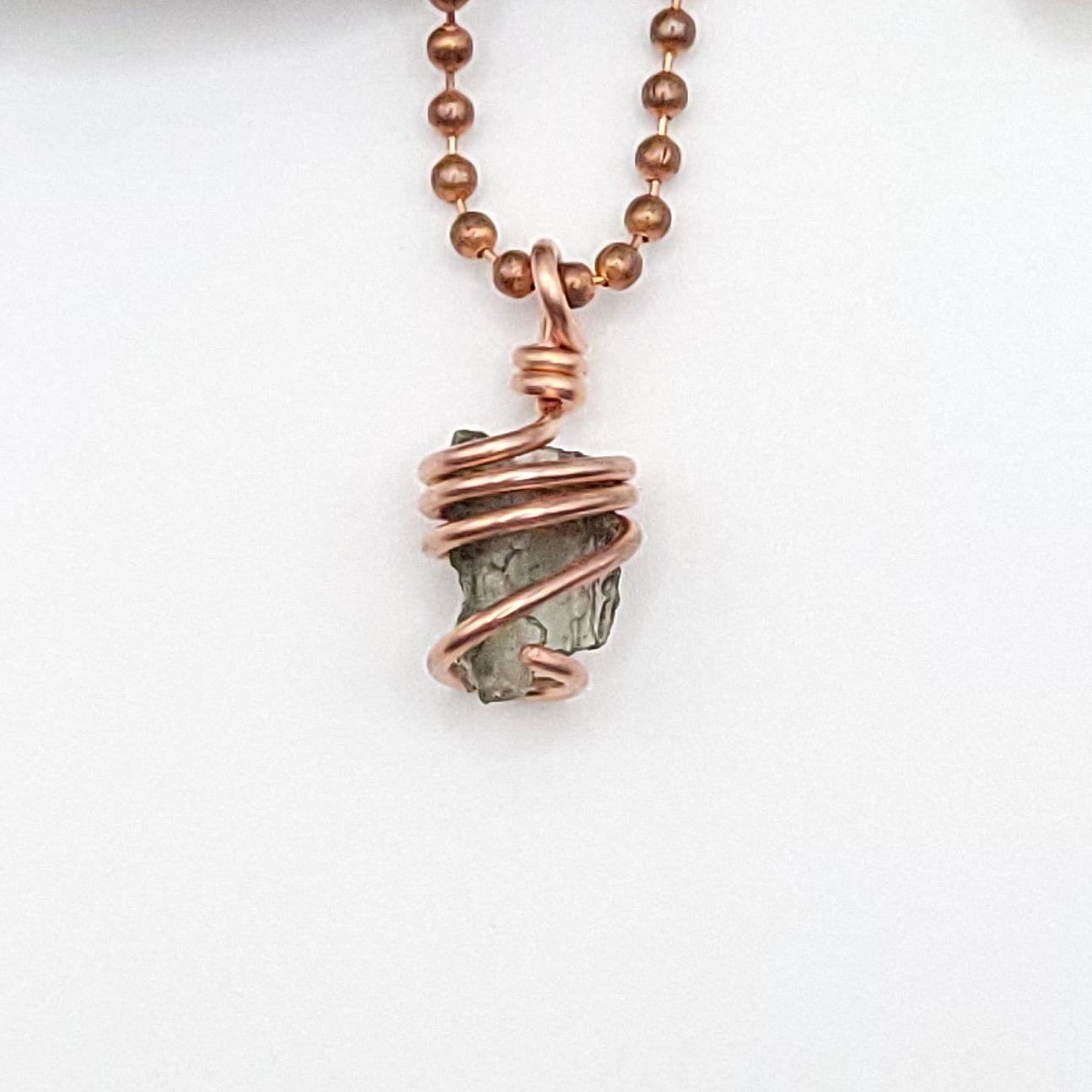 Raw Moldavite Crystal Necklace in Copper, close up