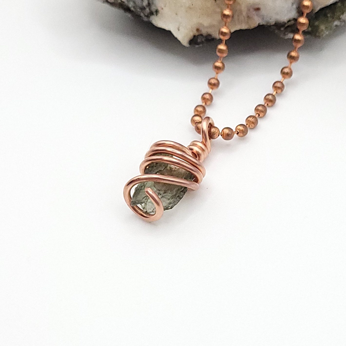 Raw Moldavite Crystal Necklace in Copper, side view