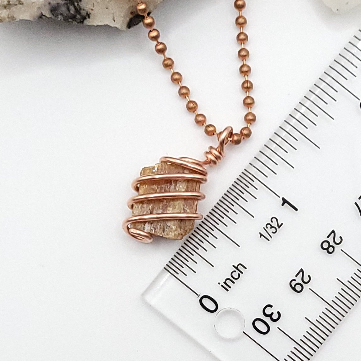 Raw Orange Kyanite Crystal Necklace in Copper, measurement