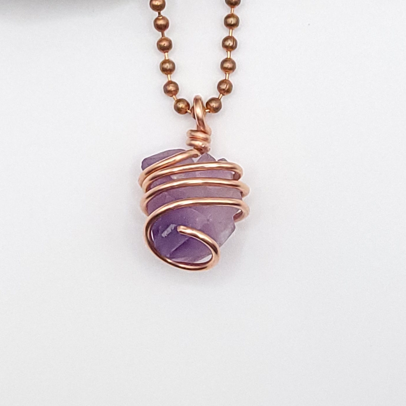 Raw Amethyst Crystal Necklace in Copper, close up