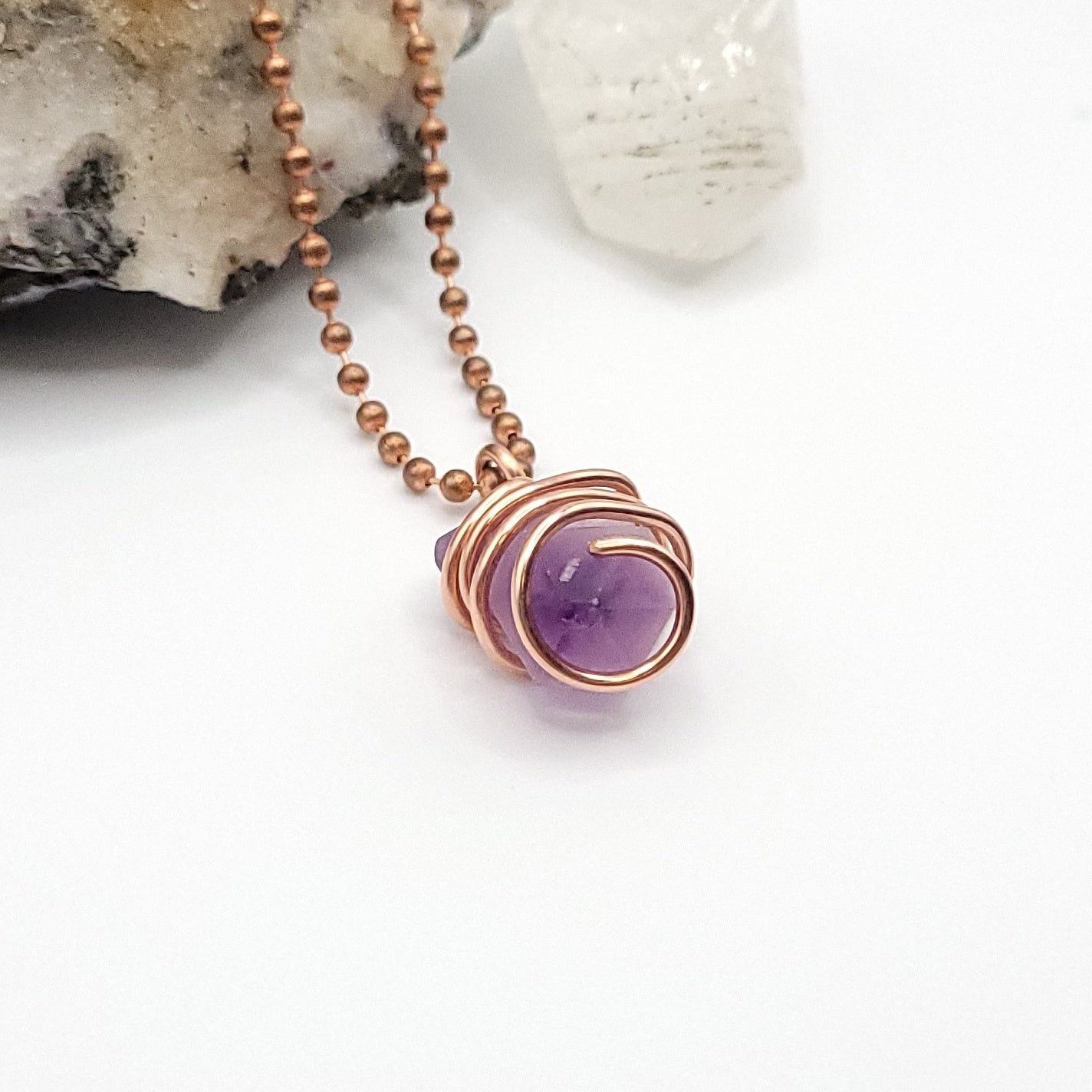 Raw Amethyst Crystal Necklace in Copper, side view