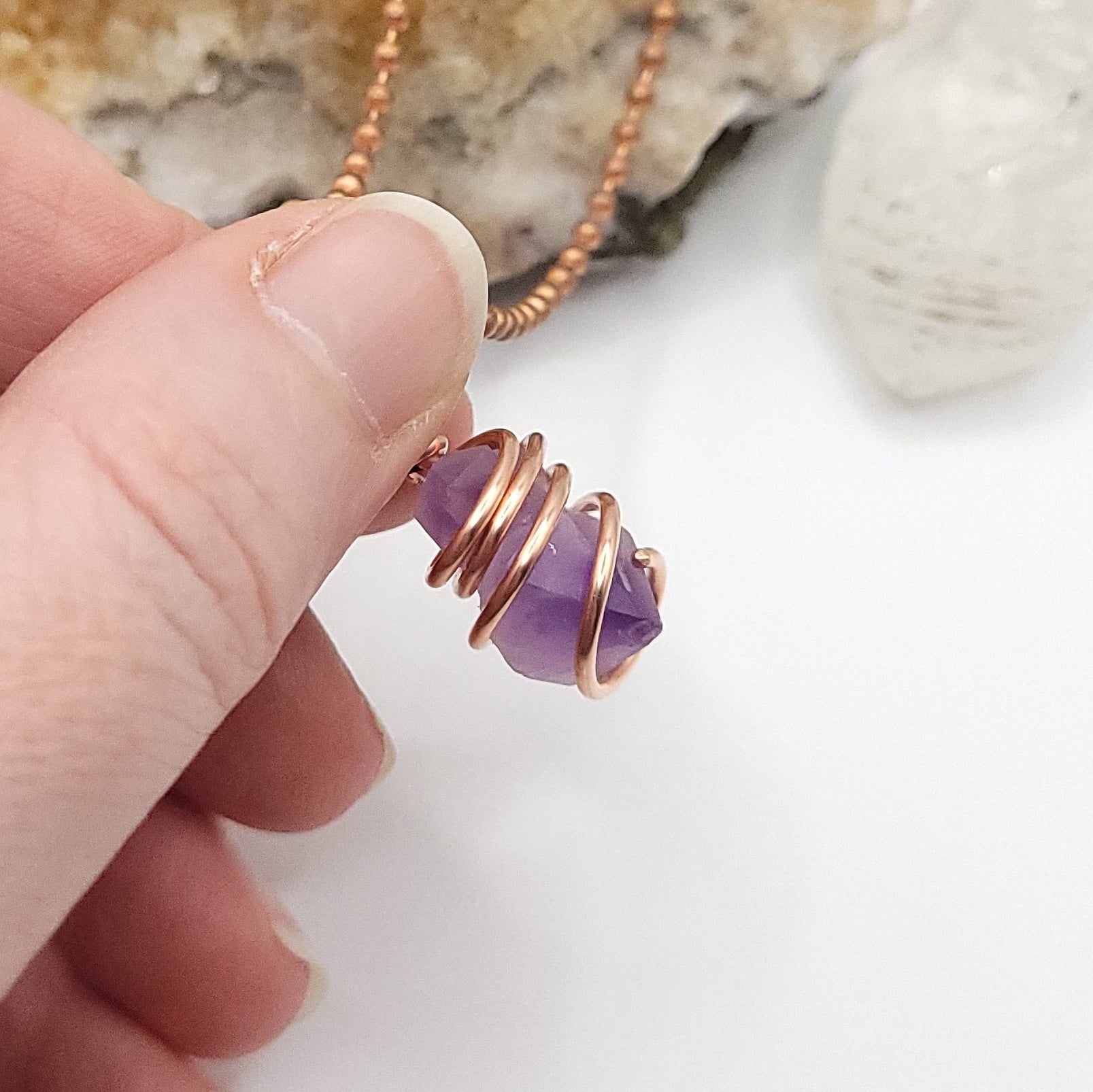 Raw Amethyst Crystal Necklace in Copper, side view