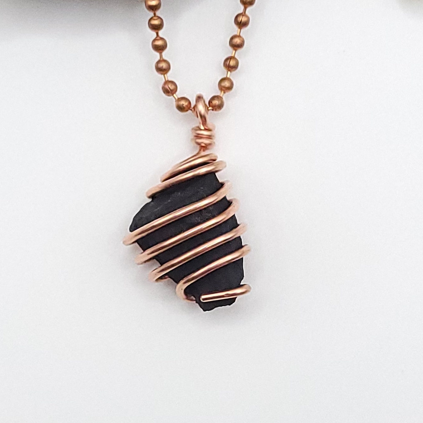 Raw Shungite Crystal Necklace in Copper, close up