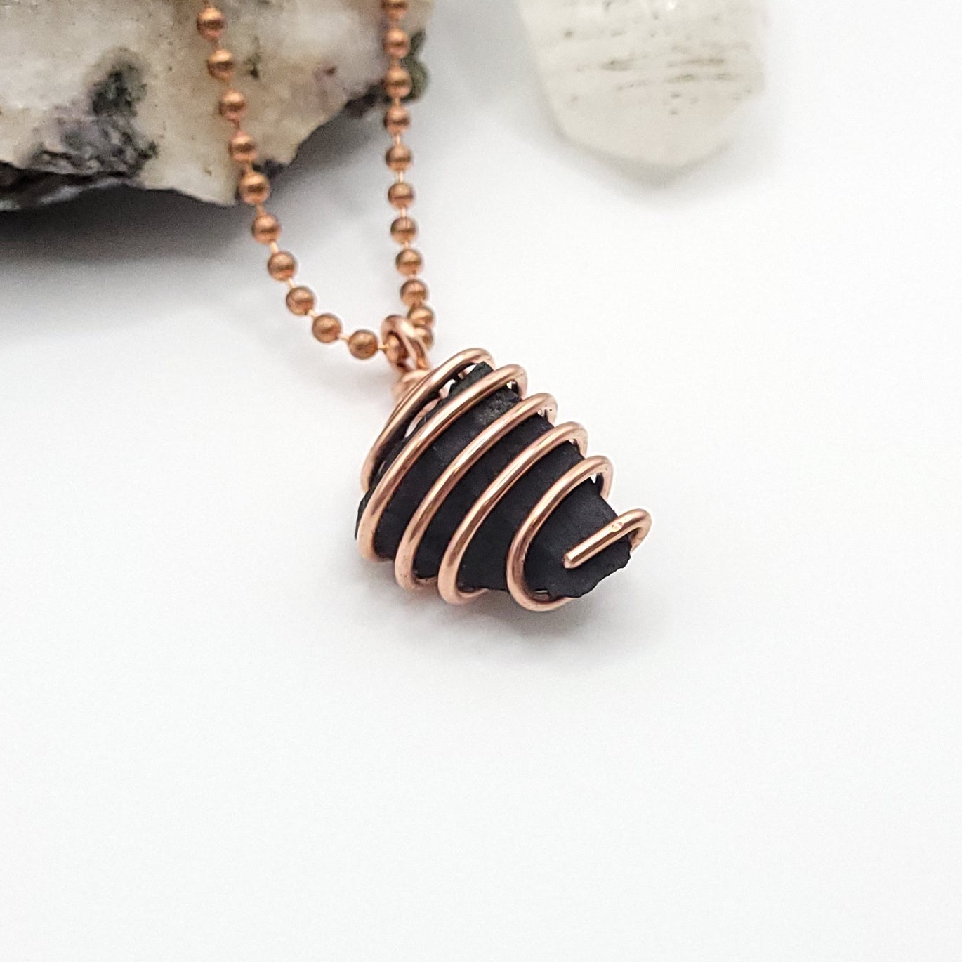 Raw Shungite Crystal Necklace in Copper, side view