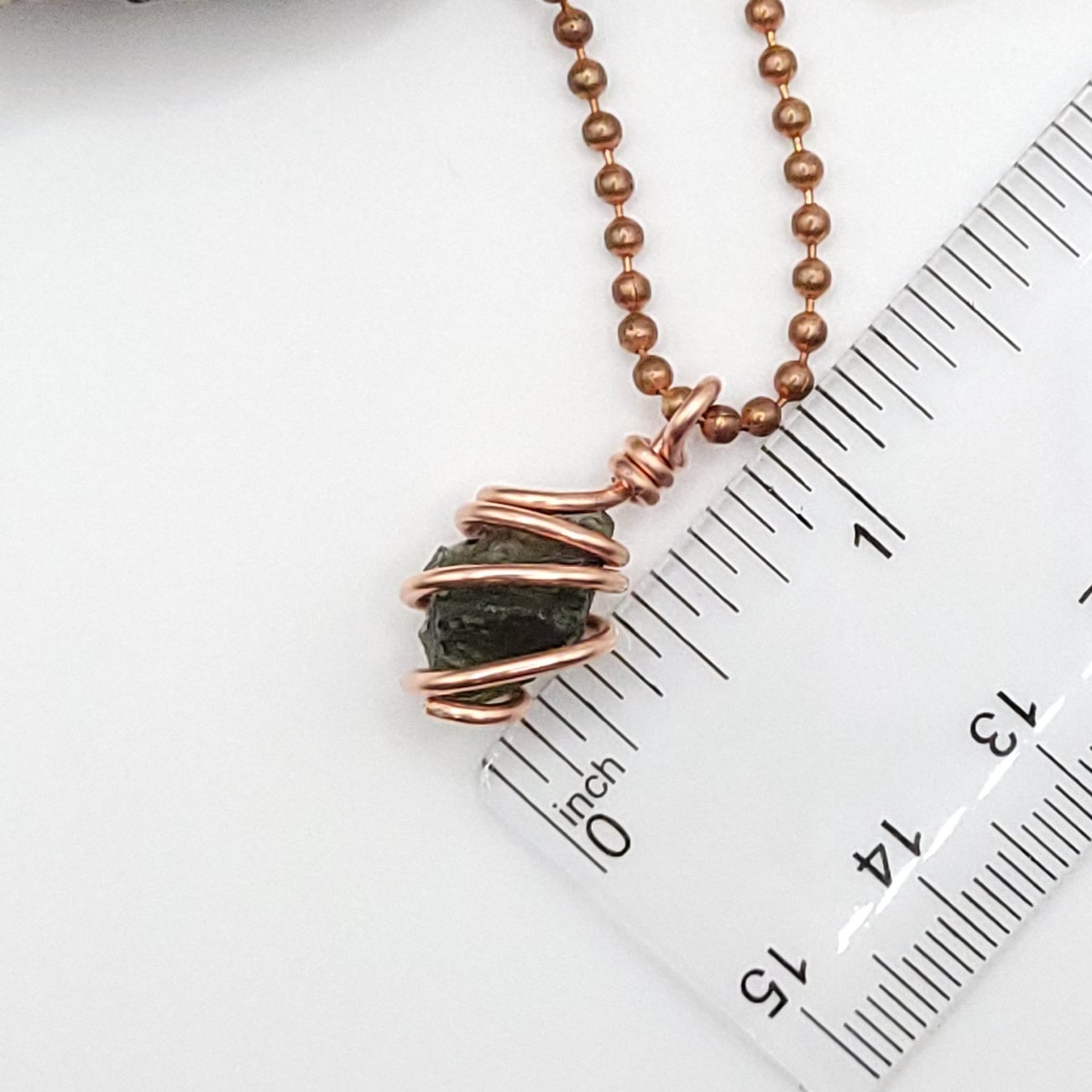 Raw Moldavite Crystal Necklace in Copper, measurement