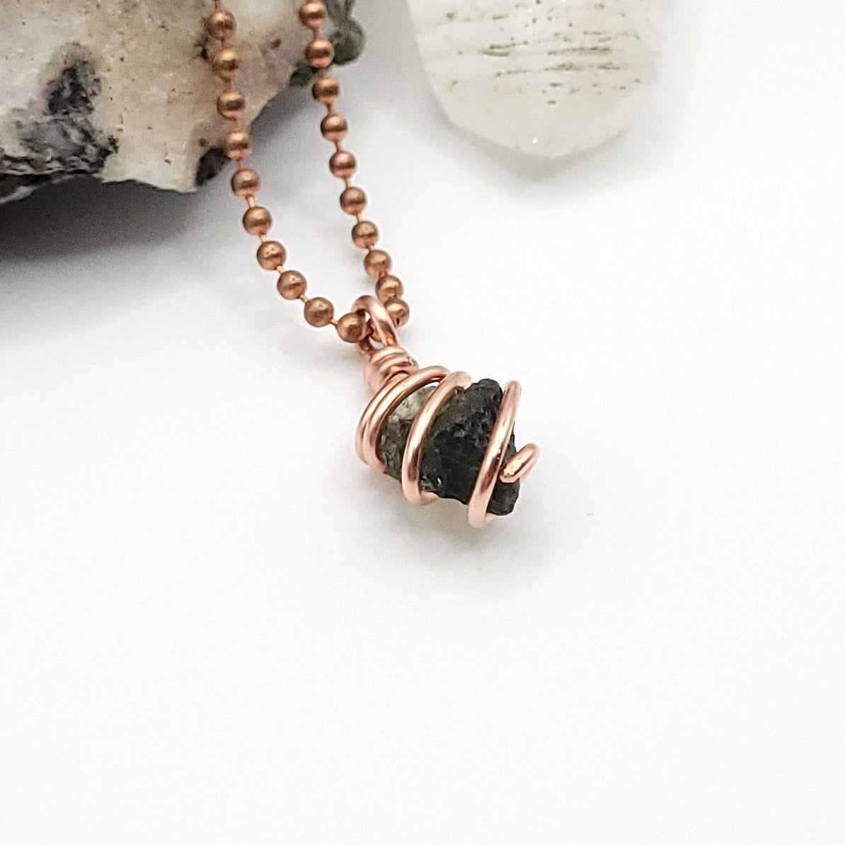 Raw Moldavite Crystal Necklace in Copper, side view