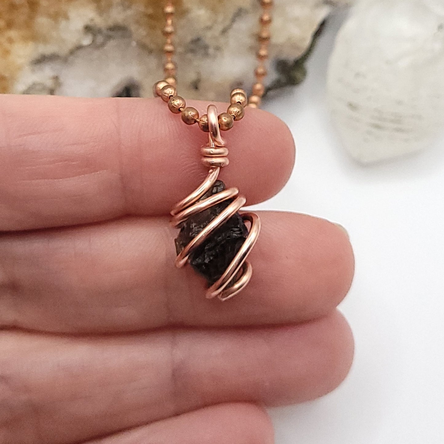 Raw Moldavite Crystal Necklace in Copper, close up