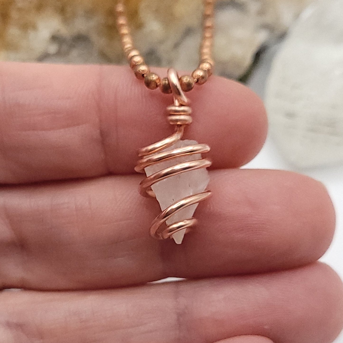Raw Phenakite Crystal Necklace in Copper, close up