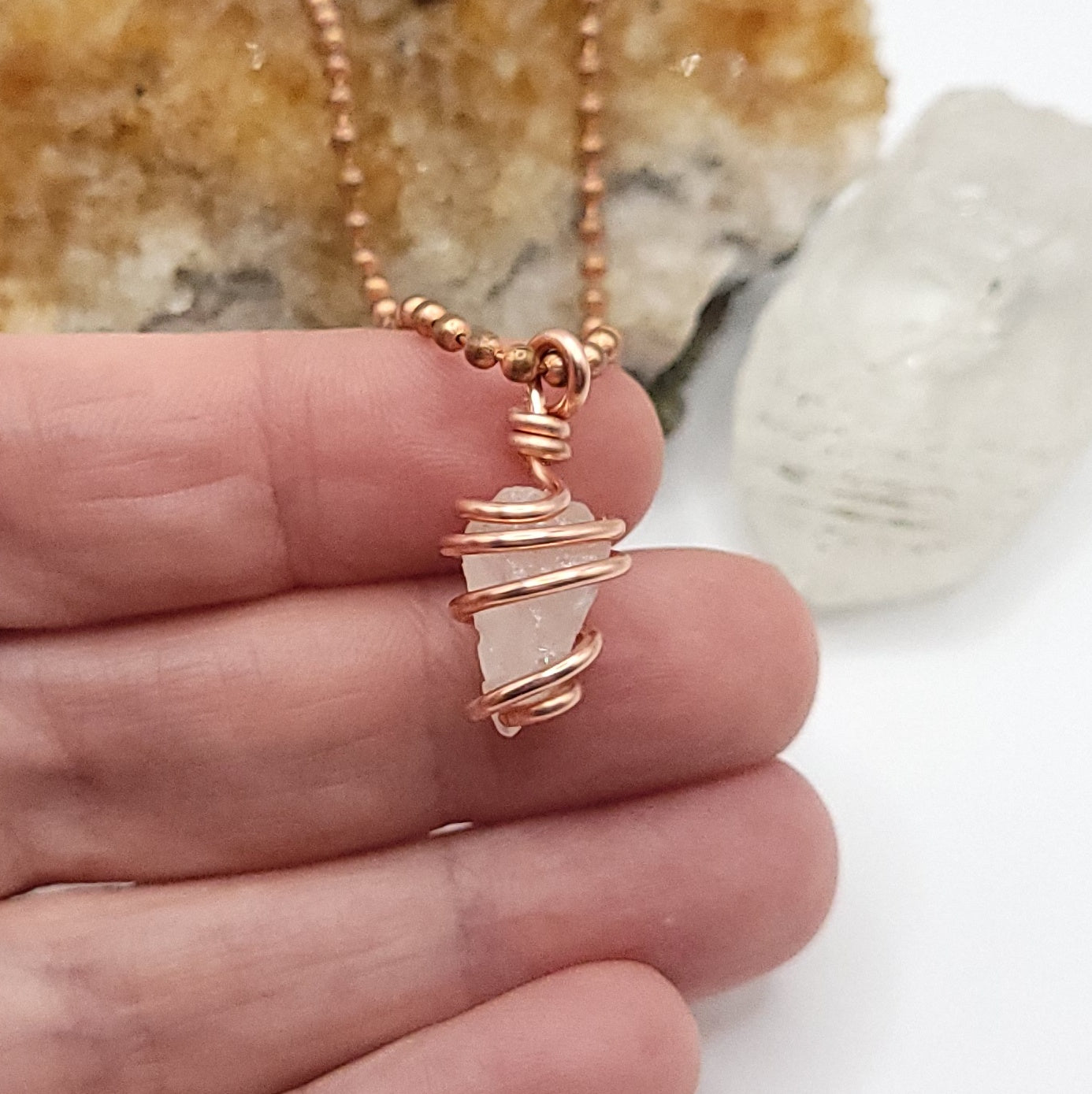 Raw Phenakite Crystal Necklace in Copper, side view