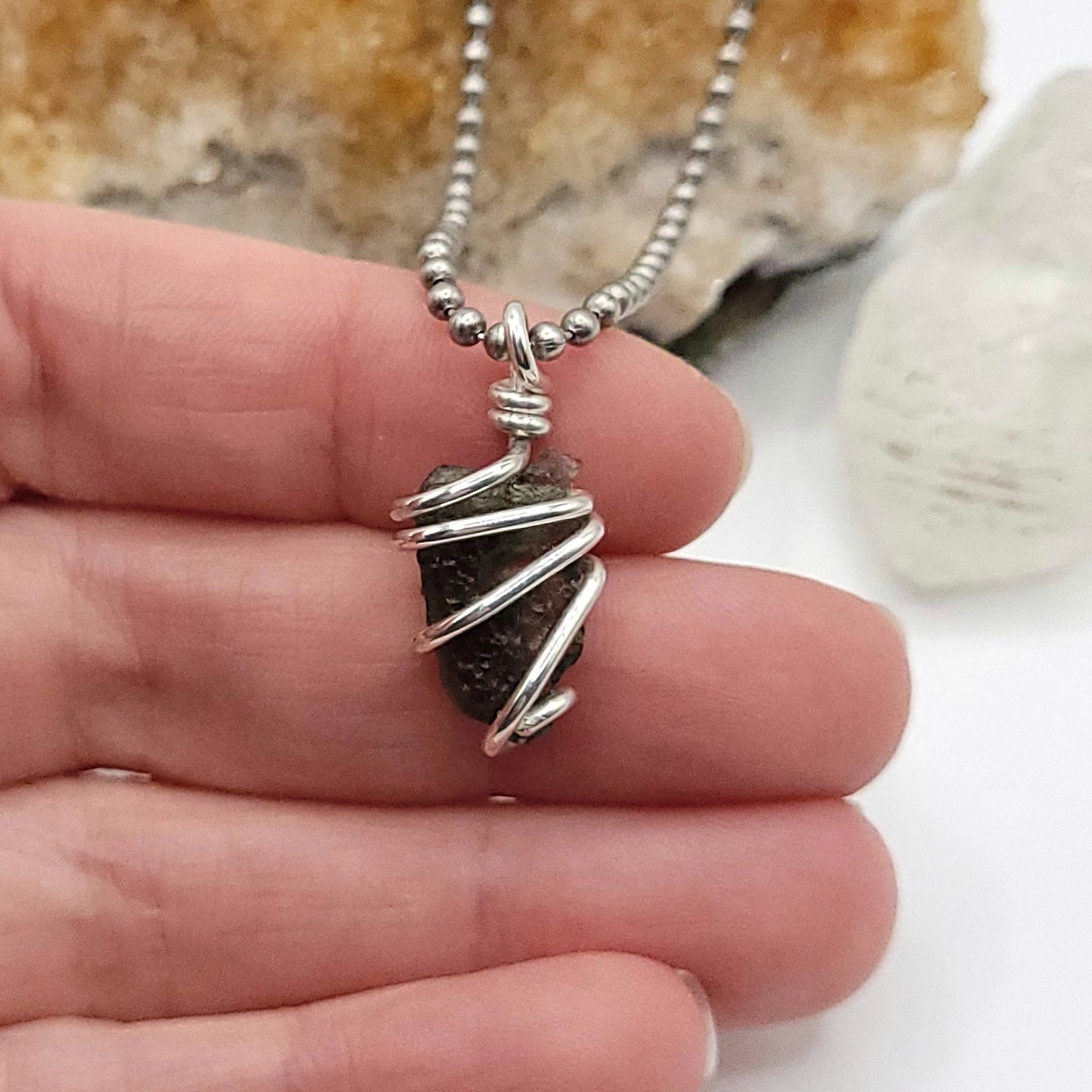 Raw Moldavite Crystal Necklace in Silver