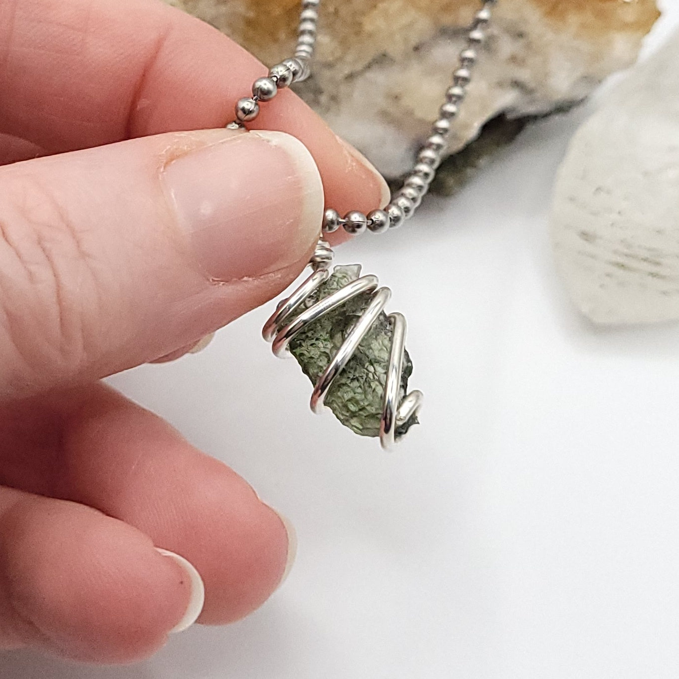 Raw Moldavite Crystal Necklace in Silver