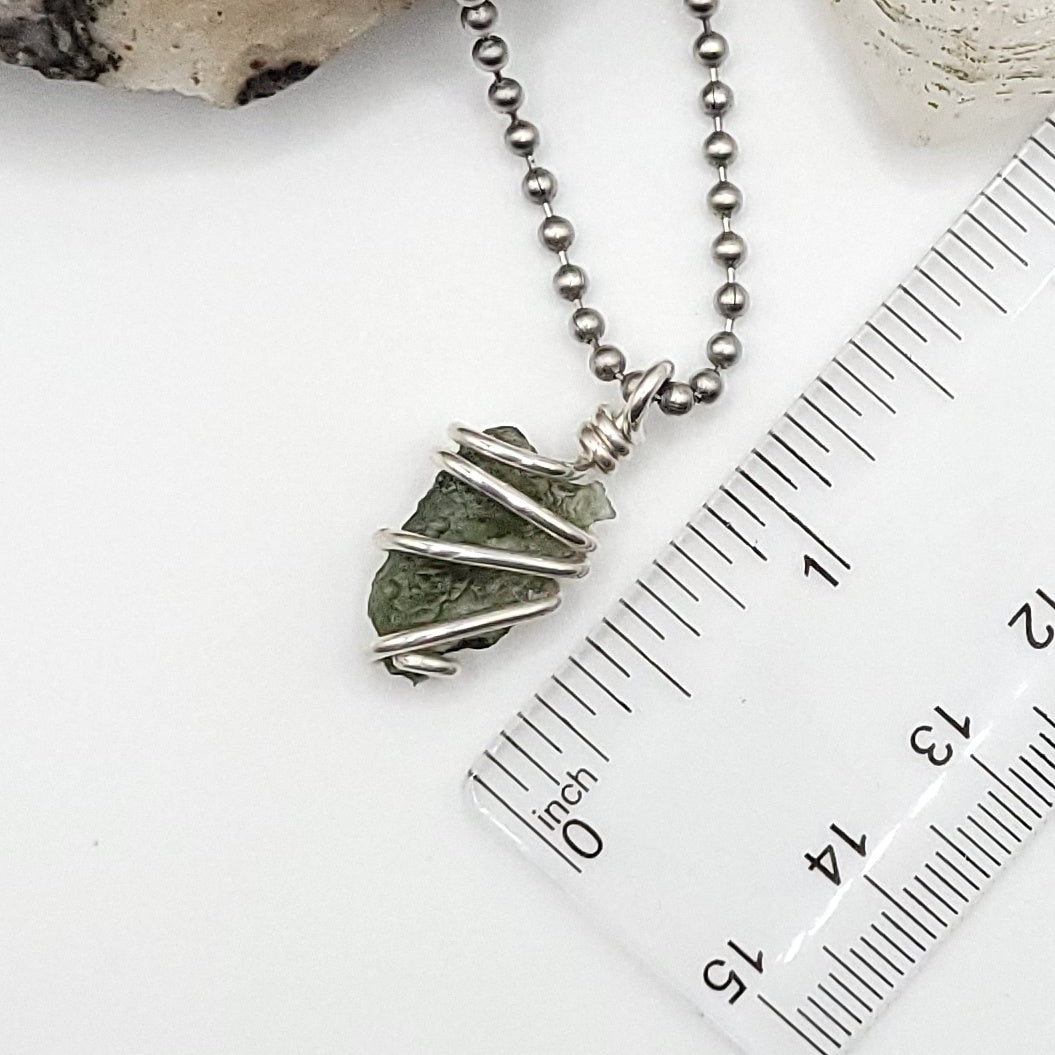 Raw Moldavite Crystal Necklace in Silver
