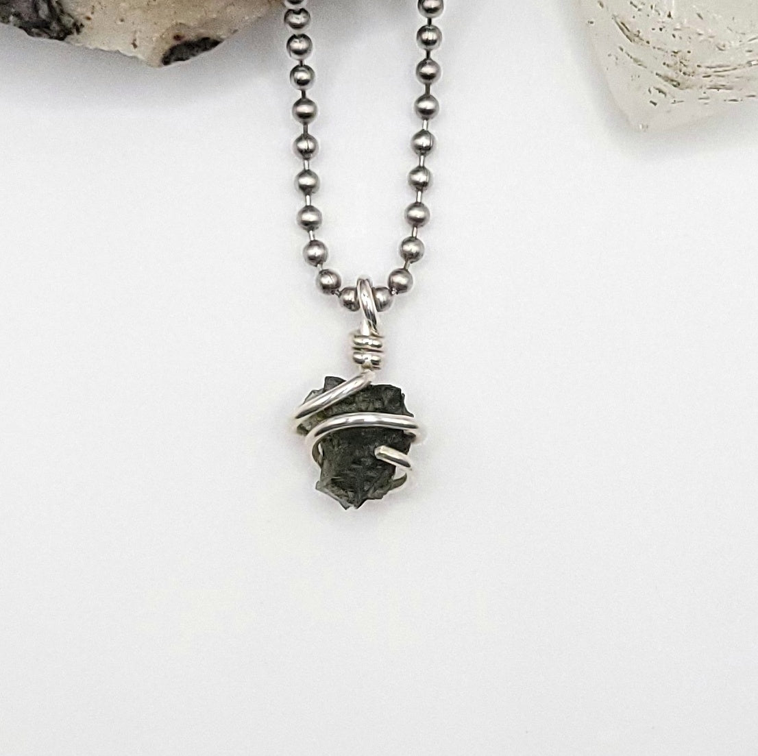 Raw Moldavite Crystal Necklace in Silver
