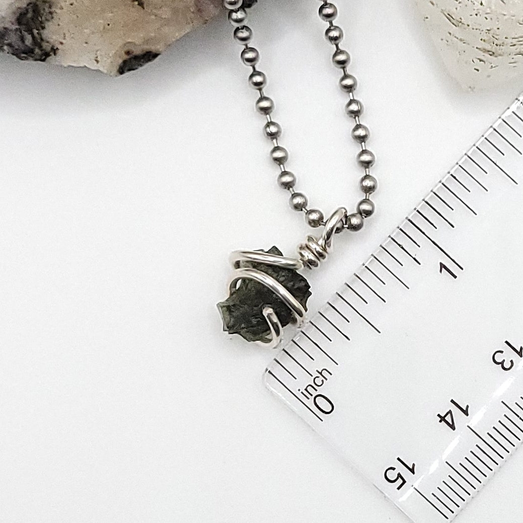 Raw Moldavite Crystal Necklace in Silver, measurements