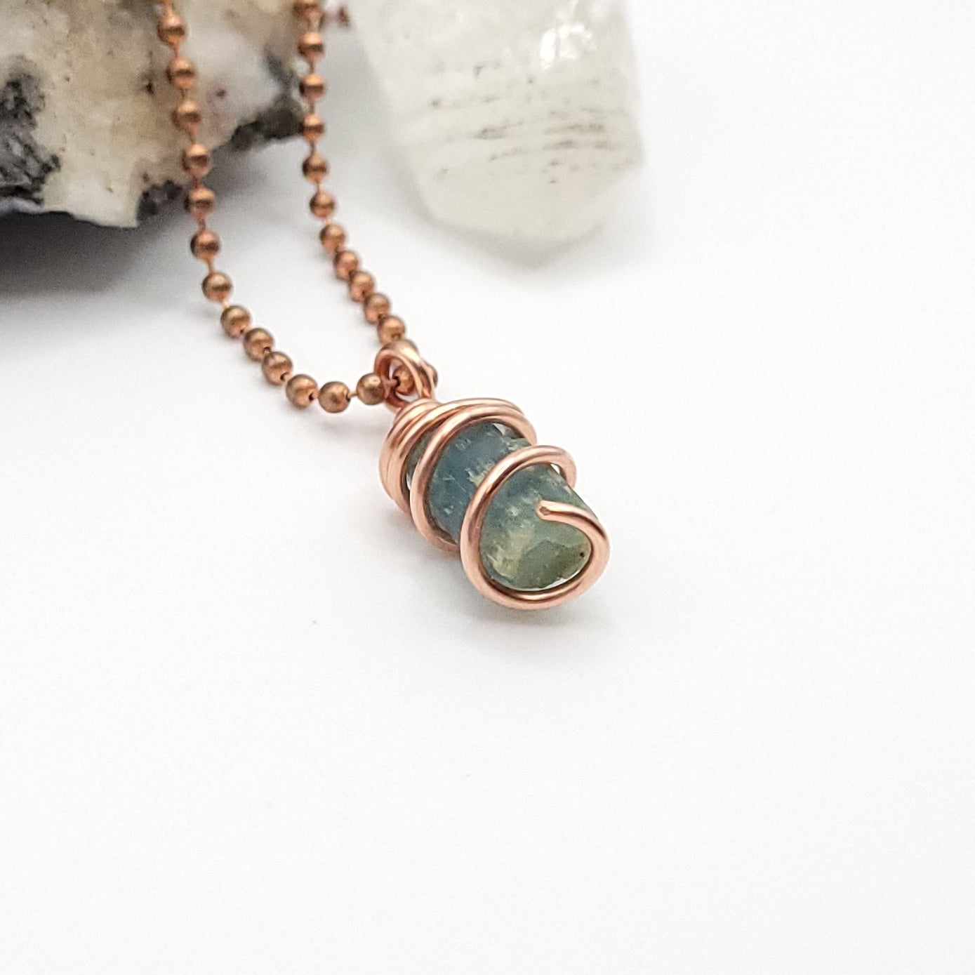 Raw Aquamarine Crystal Necklace in Copper, side view