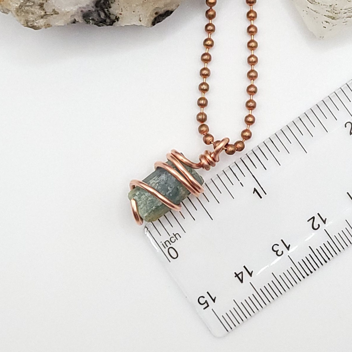 Raw Aquamarine Crystal Necklace in Copper, measurement