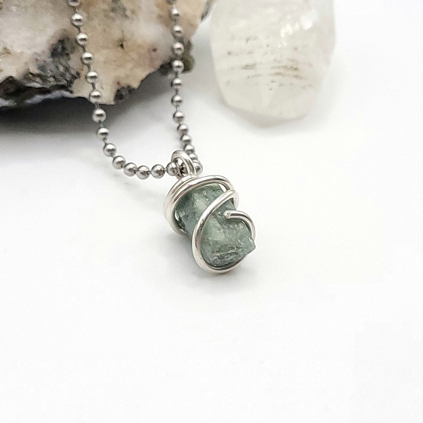 Raw Aquamarine Crystal Necklace in Silver wire, side view