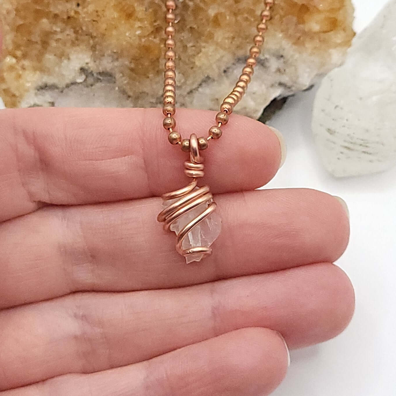 Phenakite pendant in copper wire