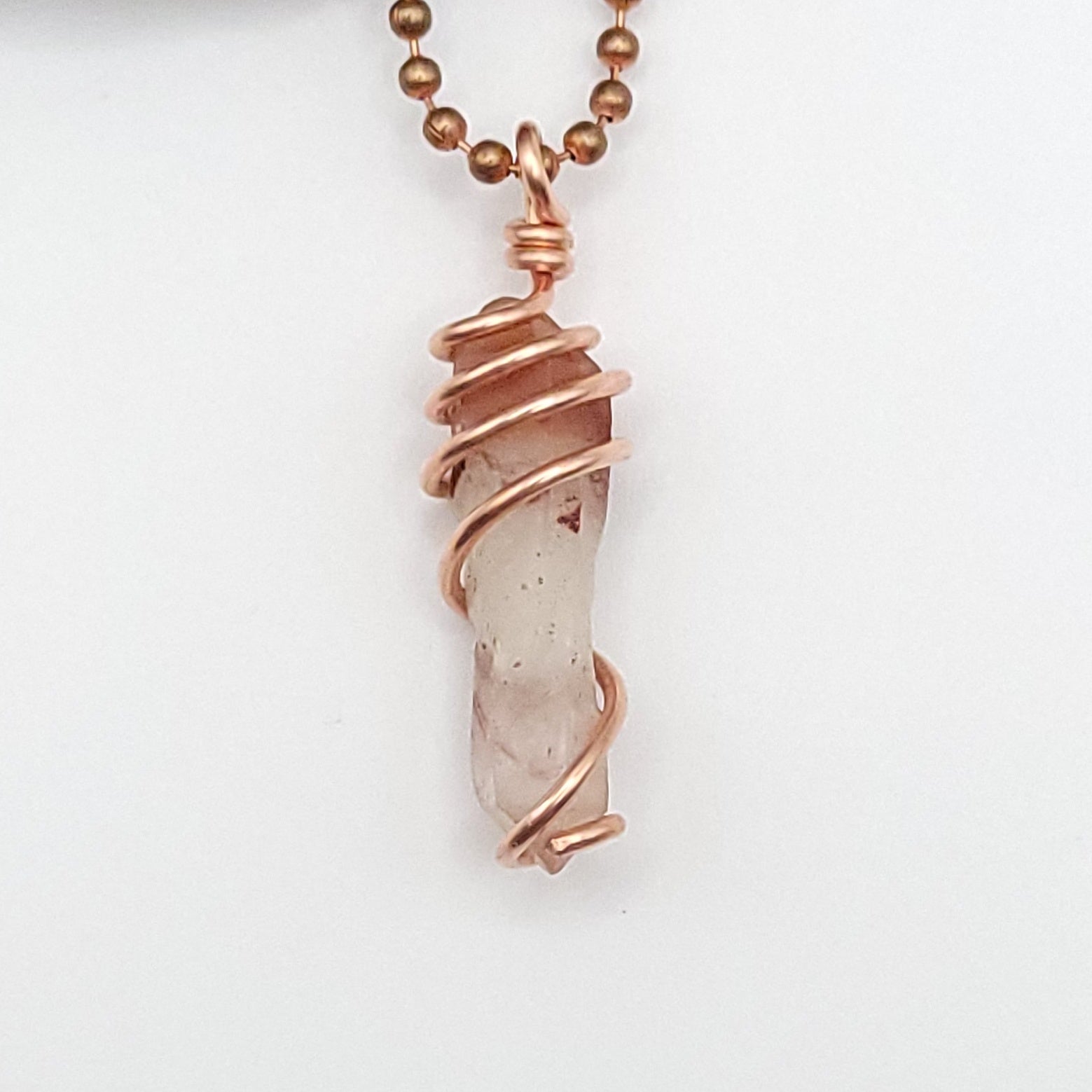 Red Fire Quartz Crystal Necklace in Copper Wire, close up