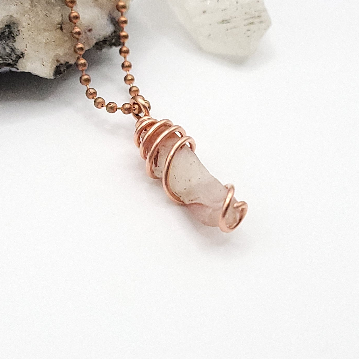 Red Fire Quartz Crystal Necklace in Copper Wire, side view