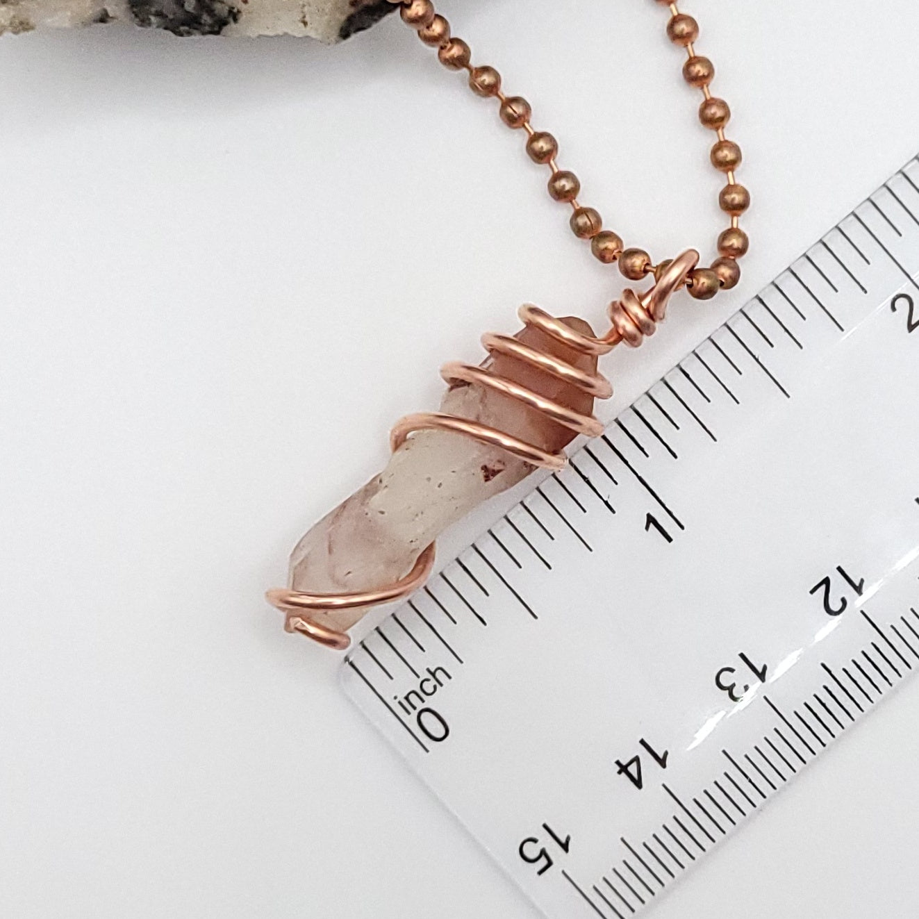 Red Fire Quartz Crystal Necklace in Copper Wire, measurement